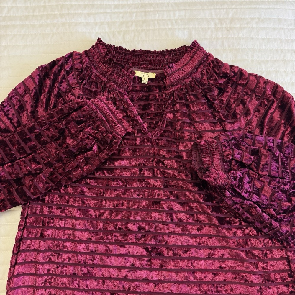 Kori America Women's Long Sleeve  Velvet Stripe‎ Sheer Blouse Size L
